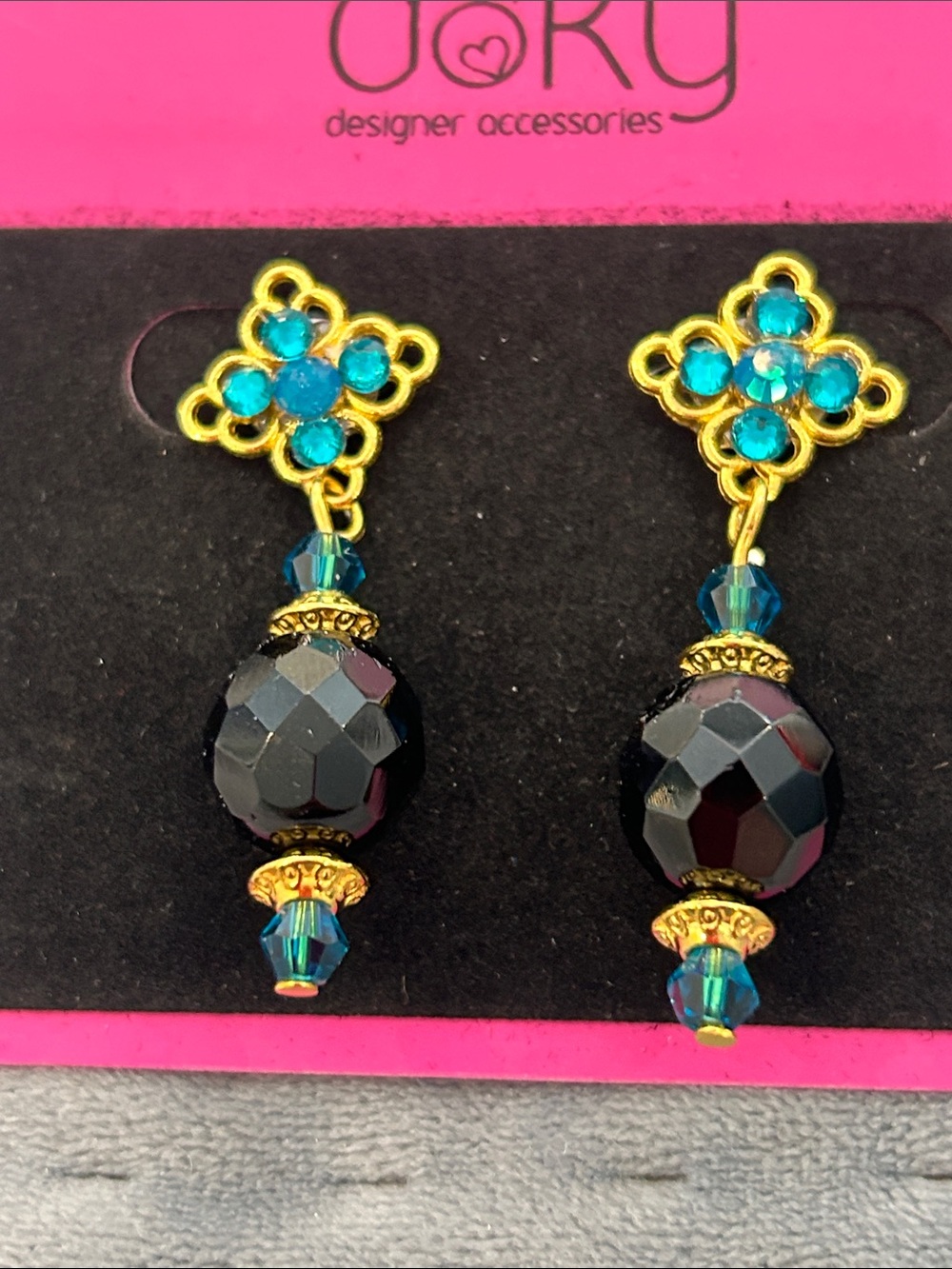 Teal & Black Crystal Drop Earrings-NWT